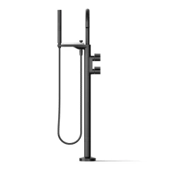 Floor-mount bath filler trim with lever handles and handshower