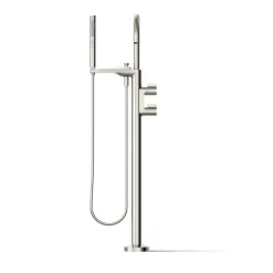 Floor-mount bath filler trim with lever handles and handshower