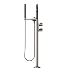 Floor-mount bath filler trim with lever handles and handshower