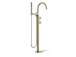 Floor-mount bath filler trim with lever handles and handshower