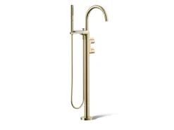 Floor-mount bath filler trim with lever handles and handshower