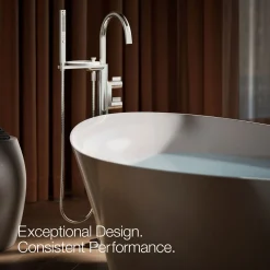 Floor-mount bath filler trim with lever handles and handshower