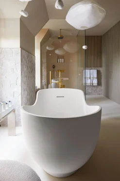 Floor-mount bath filler trim with lever handles and handshower