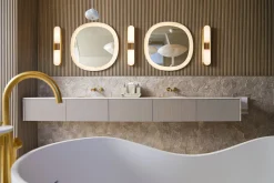 Floor-mount bath filler trim with lever handles and handshower