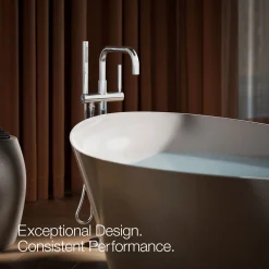 Floor-mount bath filler trim with handshower