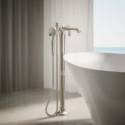 Floor-mount bath filler trim with handshower