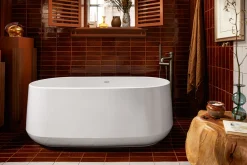 Floor-mount bath filler trim with handshower
