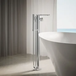 Floor-mount bath filler trim with handshower