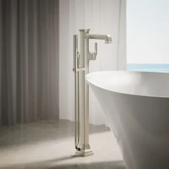 Floor-mount bath filler trim with handshower