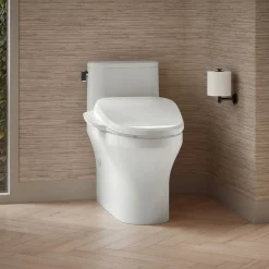 Hidden cord one-piece compact elongated toilet with skirted trapway, 1.28 gpf