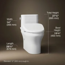 Hidden cord one-piece compact elongated toilet with skirted trapway, 1.28 gpf