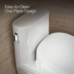 Hidden cord one-piece compact elongated toilet with skirted trapway, 1.28 gpf