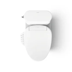 Hidden cord one-piece compact elongated toilet with skirted trapway, 1.28 gpf