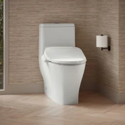 Hidden cord one-piece compact elongated toilet with skirted trapway, dual-flush