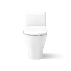 Hidden cord one-piece compact elongated toilet with skirted trapway, dual-flush