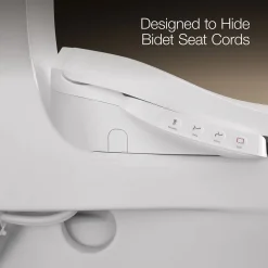 Hidden cord one-piece compact elongated toilet with skirted trapway, dual-flush