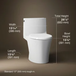Hidden cord one-piece elongated toilet with skirted trapway, dual-flush
