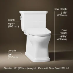 Hidden cord two-piece elongated toilet with skirted trapway, 1.28 gpf