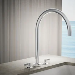 Laminar deck-mount non-diverter bath spout