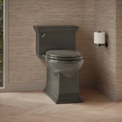 One-piece compact elongated toilet with skirted trapway, 1.28 gpf