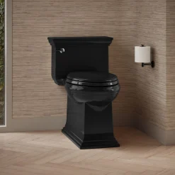One-piece compact elongated toilet with skirted trapway, 1.28 gpf