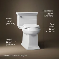 One-piece compact elongated toilet with skirted trapway, 1.28 gpf