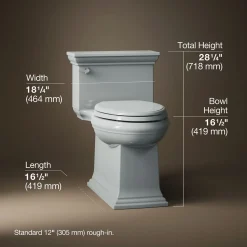 One-piece compact elongated toilet with skirted trapway, 1.28 gpf