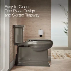 One-piece compact elongated toilet with skirted trapway, 1.28 gpf