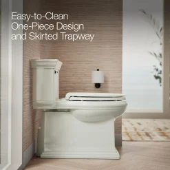 One-piece compact elongated toilet with skirted trapway, 1.28 gpf