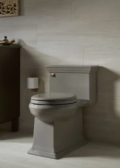 One-piece compact elongated toilet with skirted trapway, 1.28 gpf