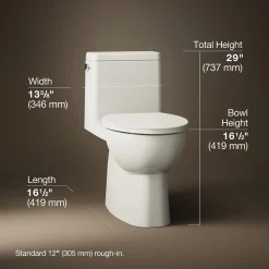 One-piece compact elongated toilet with skirted trapway, 1.28 gpf