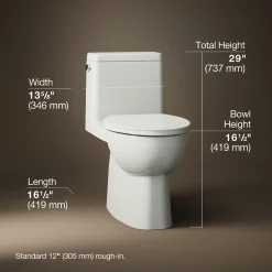 One-piece compact elongated toilet with skirted trapway, 1.28 gpf