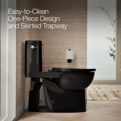 One-piece compact elongated toilet with skirted trapway, 1.28 gpf