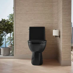 One-piece compact elongated toilet with skirted trapway, 1.28 gpf