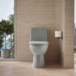 One-piece compact elongated toilet with skirted trapway, 1.28 gpf