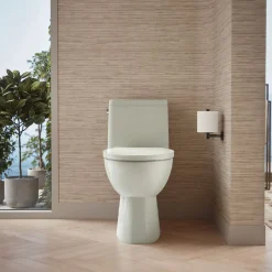One-piece compact elongated toilet with skirted trapway, 1.28 gpf