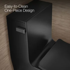 One-piece compact elongated toilet with skirted trapway, dual-flush