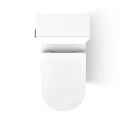 One-piece compact elongated toilet with skirted trapway, dual-flush