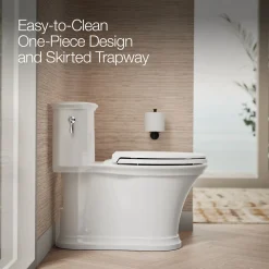 One-piece compact elongated toilet with skirted trapway, 1.28 gpf
