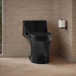One-piece compact elongated toilet with concealed trapway, 1.28 gpf