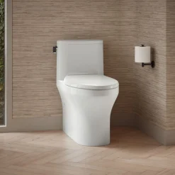 One-piece compact elongated toilet with skirted trapway, 1.28 gpf