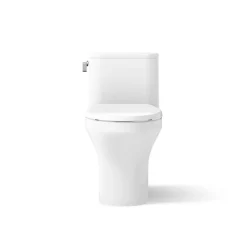 One-piece compact elongated toilet with skirted trapway, 1.28 gpf