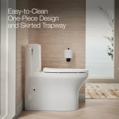 One-piece compact elongated toilet with skirted trapway, 1.28 gpf
