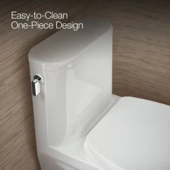 One-piece compact elongated toilet with skirted trapway, 1.28 gpf