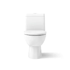 One-piece compact elongated toilet with skirted trapway, dual-flush