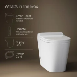 One-piece elongated smart toilet with front bidet wand technology, dual-flush