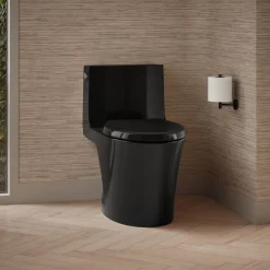One-piece elongated toilet with skirted trapway, dual-flush