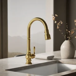 Pull-down kitchen sink faucet with three-function sprayhead