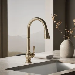 Pull-down kitchen sink faucet with three-function sprayhead