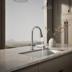 Pull-down kitchen sink faucet with three-function sprayhead